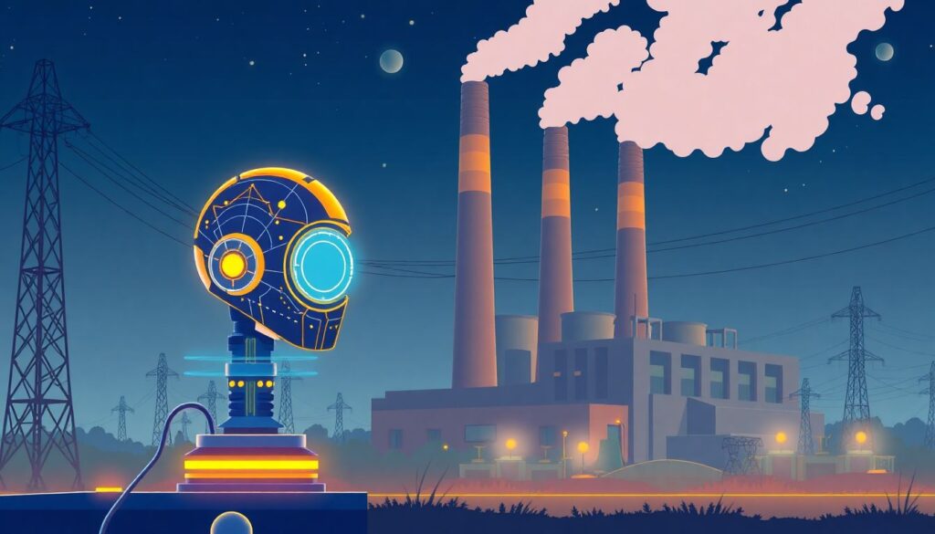 Generate an illustration featuring a futuristic AI system with a backdrop of a 19th-century power plant, symbolizing the interdependence of old and new technologies.