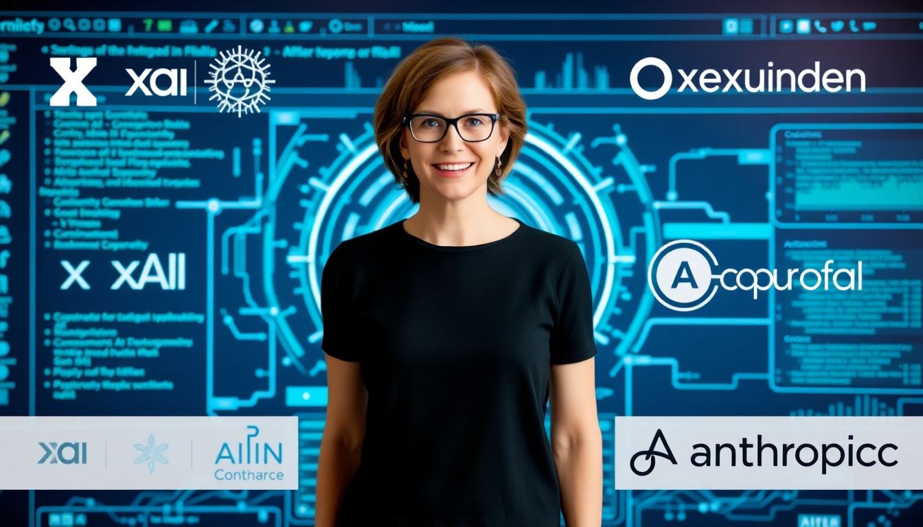 Create an image of Cathie Wood standing in front of a futuristic AI-powered software interface, surrounded by logos of AI start-ups like xAI, OpenAI, and Anthropic.