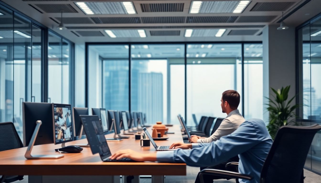 Create an image of a corporate office with Microsoft's Copilot AI assistant helping employees with tasks like creating presentations and answering complex questions.