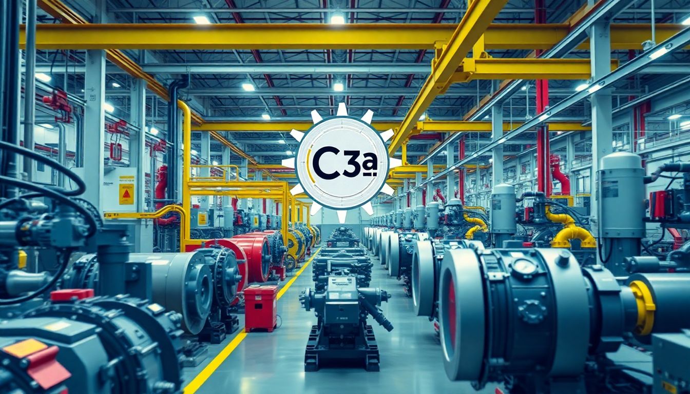 Create an image of a manufacturing plant with C3.ai software integrated into various machinery, showing data analytics and predictive maintenance in action.