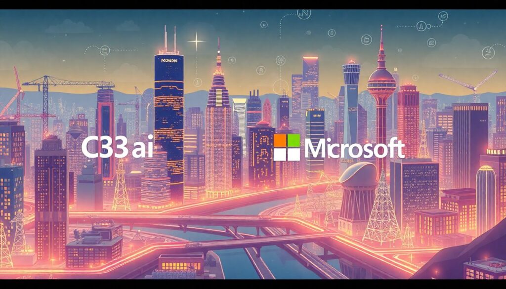 Create an illustration that shows a digital representation of a futuristic cityscape with AI-powered software applications integrated into various industries such as manufacturing, energy, and finance. Highlight C3.ai and Microsoft logos prominently within the scene.