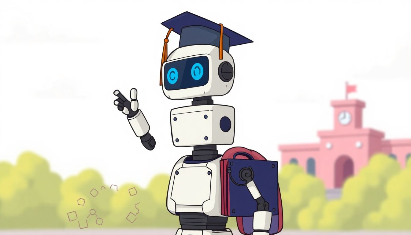 A cartoon of a robot graduating from school, symbolizing the maturation of AI technology.