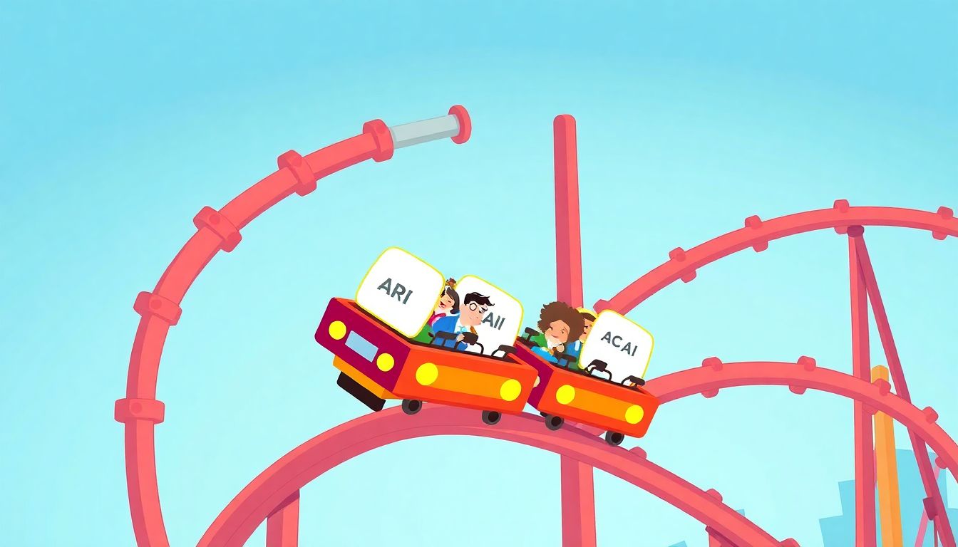 A cartoon of a roller coaster with some cars going up (AI stocks) and others going down (non-AI stocks).