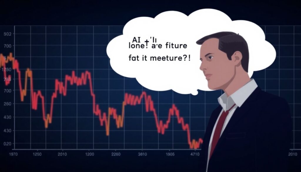Create an image of a stock market chart with a downward trend for Broadcom and other semiconductor stocks, with a thought bubble showing an analyst pondering the future of AI technology.
