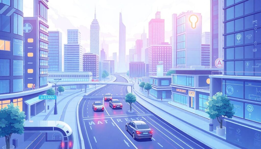 Create an illustration depicting a futuristic cityscape with AI-driven technologies integrated into everyday life, such as self-driving cars, advanced healthcare facilities, and digital currency transactions.