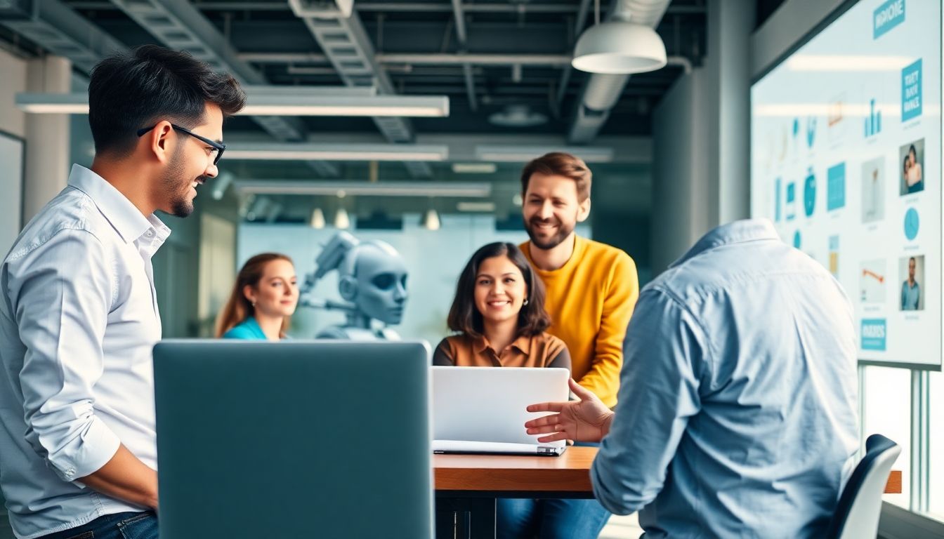 Depict a training session where employees are learning to use new AI tools, with a focus on collaboration and support, showcasing a positive and engaged workplace environment.