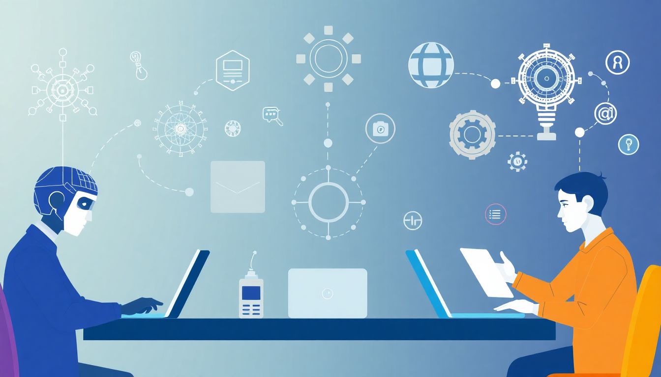 Illustrate a scenario where AI assists employees in various roles, such as a designer using AI-generated concepts, a developer coding with AI assistance, and a manager analyzing AI-driven insights.