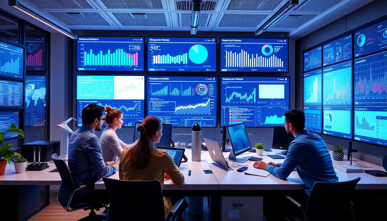 Create an image of a modern tech office with AI-powered tools and screens displaying data analytics, showing a team collaborating and using AI in their workflows.