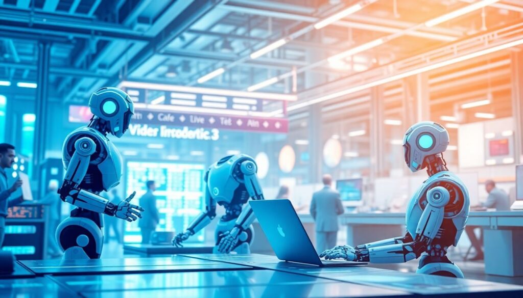 Generate an image of a futuristic tech landscape with AI-driven robots and humans collaborating in a dynamic workplace, showcasing innovation and growth.