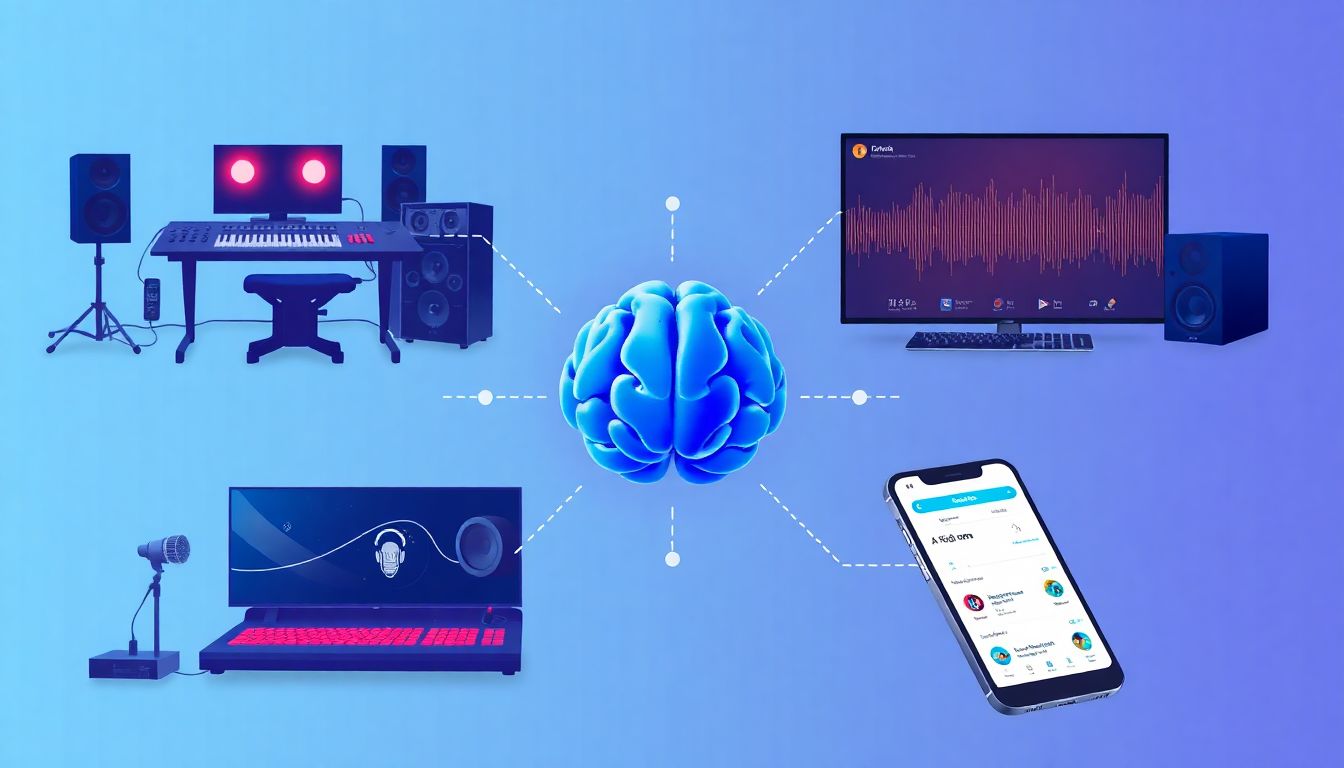 Design an image showcasing a variety of audio scenarios, such as a music studio, a video game console, and a language learning app, all connected by a central AI brain.