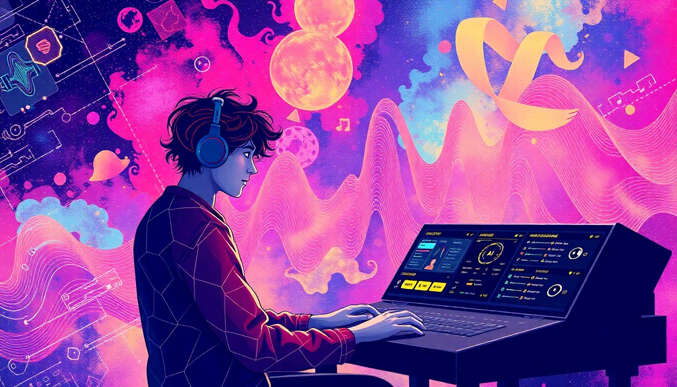 Illustrate an image of an artist using Fugatto to create a fantastical soundscape, with the AI interface displaying various controls and the sound waves morphing into different shapes and colors.