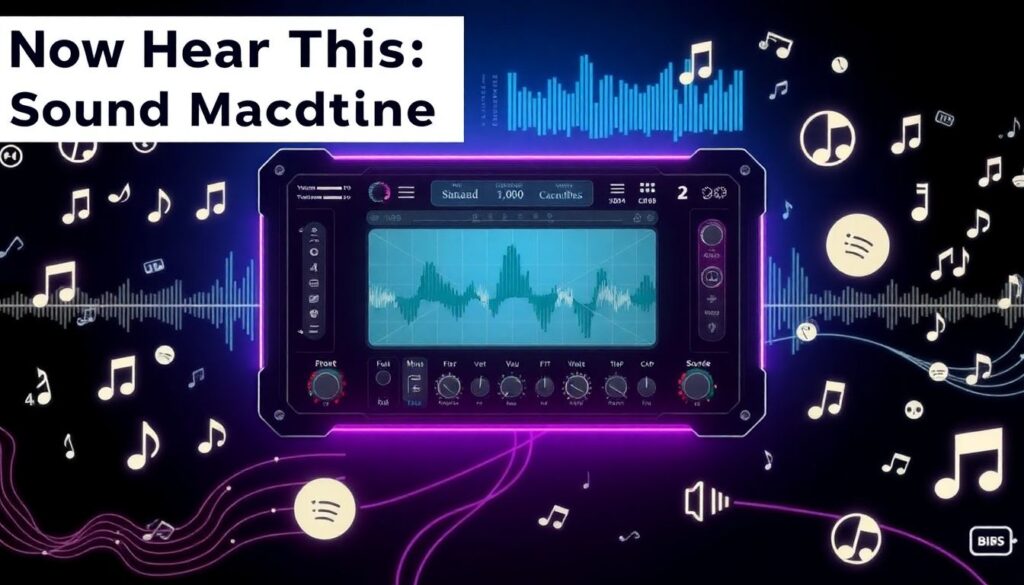 Generate an image of a futuristic sound machine interface with various audio waves, musical notes, and sound icons surrounding it, with the title 'Now Hear This: World’s Most Flexible Sound Machine Debuts' at the top.