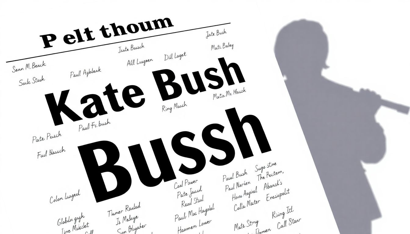 Generate an image of a petition sheet with prominent names, including 'Kate Bush,' with a silhouette of Paul McCartney and Ringo Starr in the background.