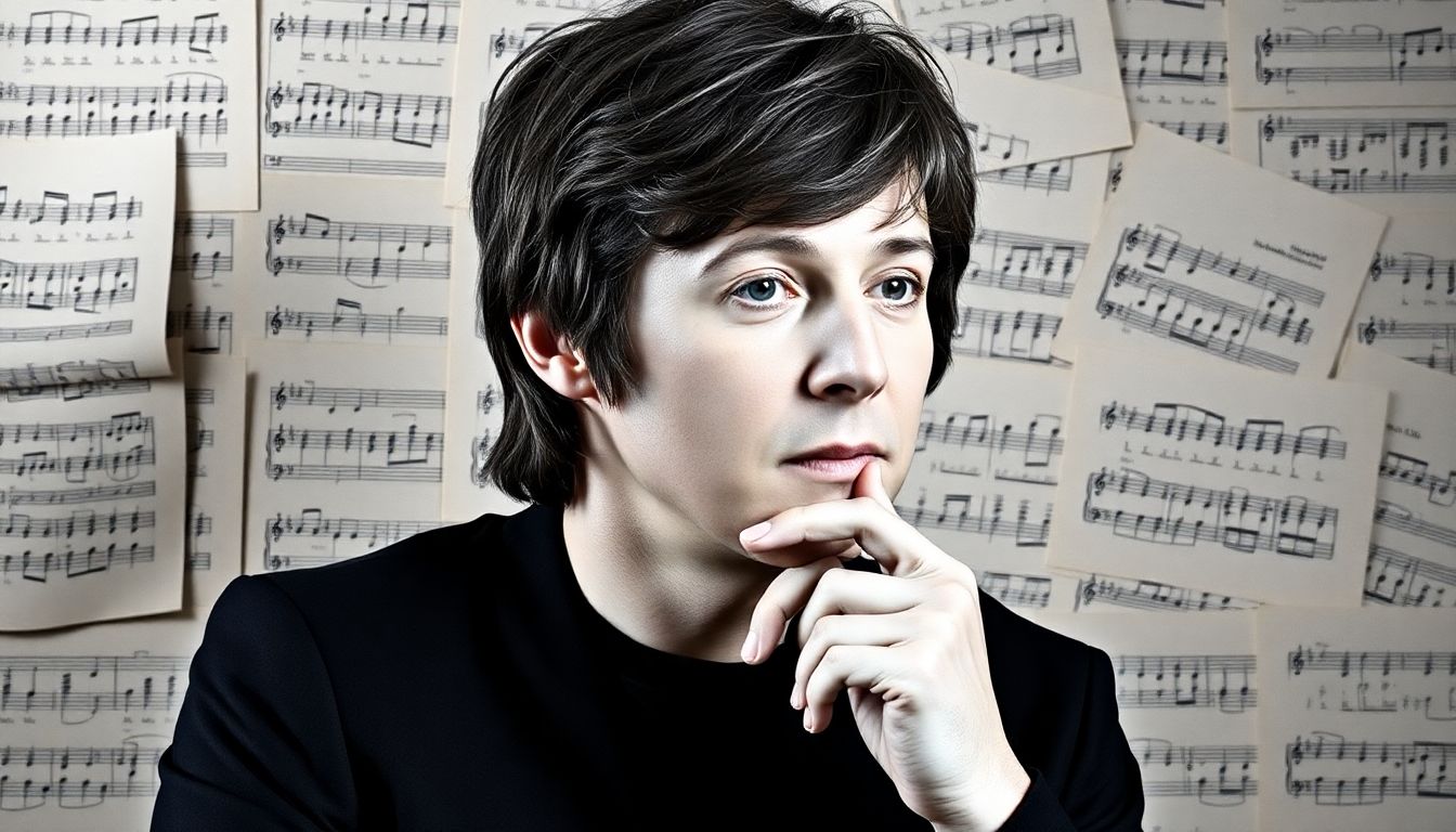 Generate an image of Paul McCartney in a thoughtful pose, with a backdrop of musical sheets and a futuristic AI interface.