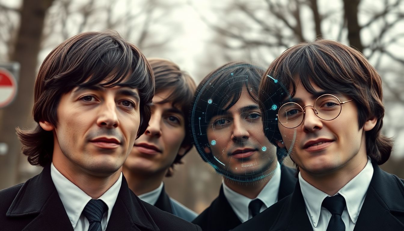 Create an image of the Beatles in their heyday, with a modern AI interface superimposed, showing the blend of past and present.