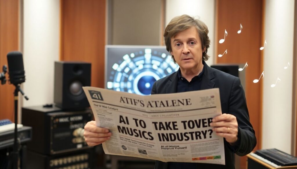 Create an image of Paul McCartney standing in a recording studio, looking concerned while holding a newspaper with the headline 'AI to Take Over Music Industry?'. In the background, there should be a futuristic AI machine with musical notes floating around it.