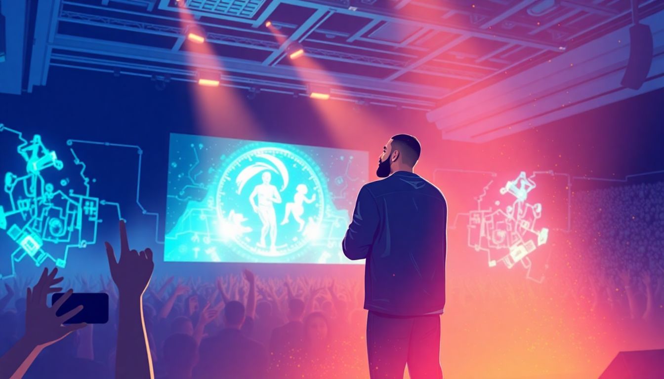 Illustrate a futuristic concert scene where Drake performs with AI-generated visuals and interactive elements, showing the enhanced fan experience.
