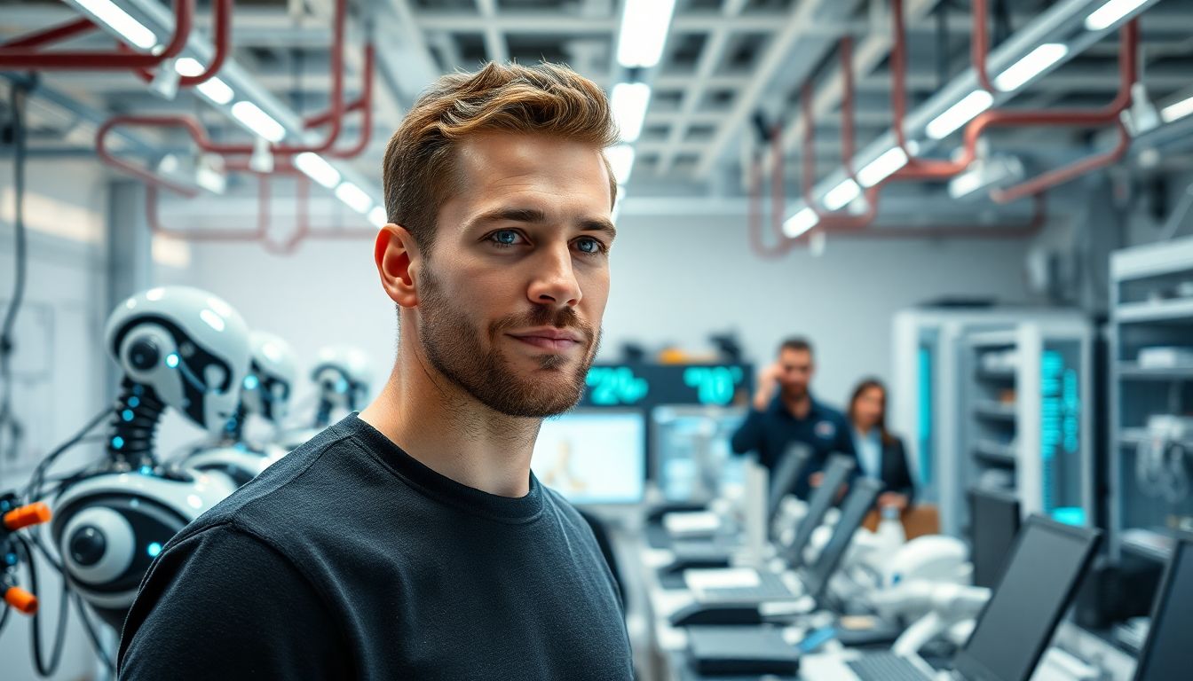 Create an image of Drake in a high-tech lab in Australia, surrounded by innovative AI machines and enthusiastic tech start-up founders.