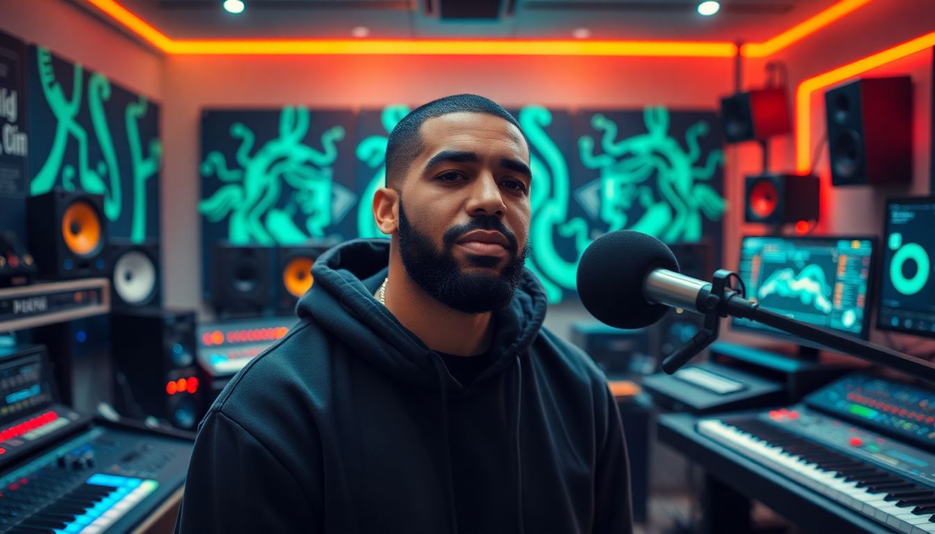 Design an image of Drake in a recording studio filled with AI-driven music tools, creating futuristic music with interactive visuals.