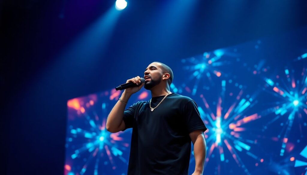 Generate an image of Drake performing on stage in Australia with futuristic AI-driven visuals surrounding him, representing the fusion of music and technology.