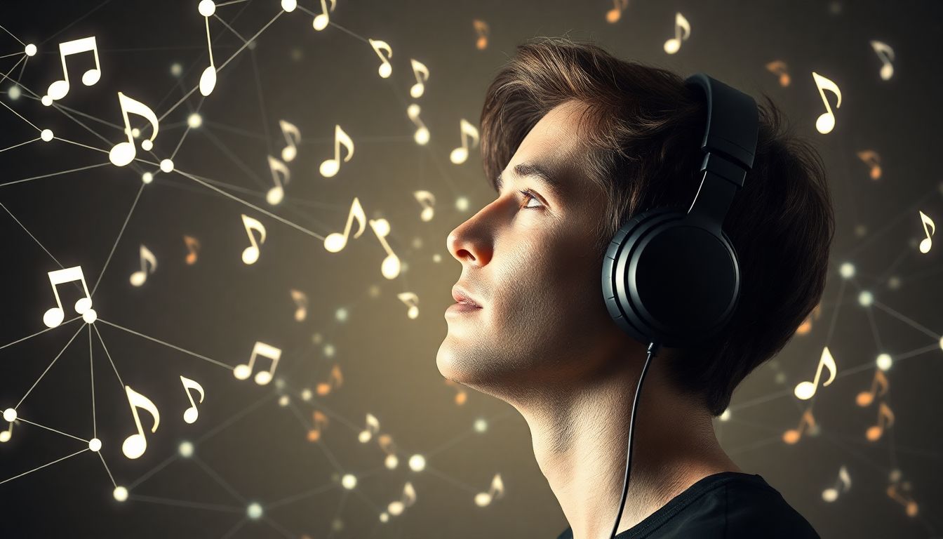 Create an image of a person listening to music on headphones, surrounded by a web of interconnected algorithms and music notes floating in the air.