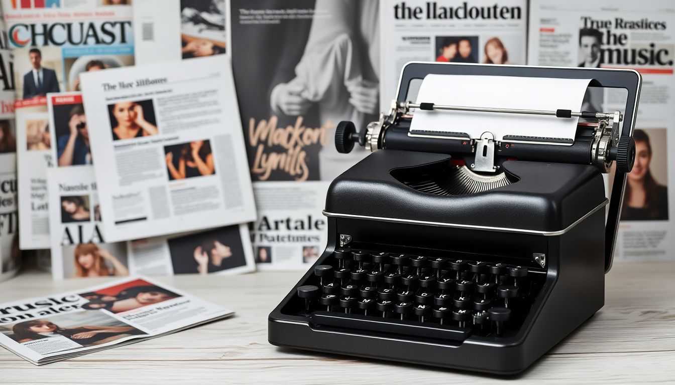 Design an image showcasing a vintage typewriter transitioning into a modern laptop, with a backdrop of music magazines and digital articles.