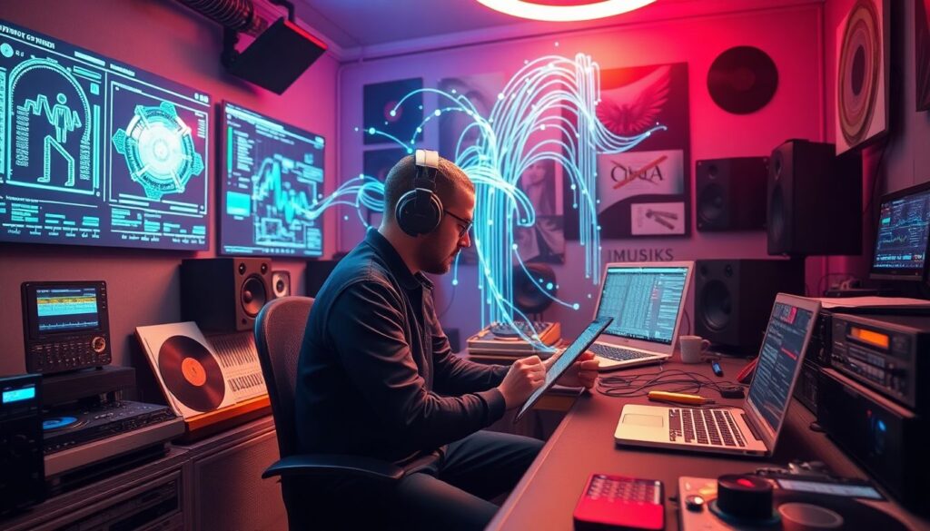 Create an image featuring a futuristic music studio with AI interfaces, algorithms visualized as flowing data streams, and a journalist typing on a laptop, surrounded by vinyl records and digital music players.