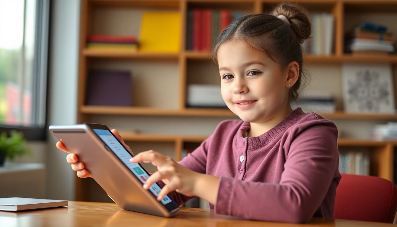 Create an image of Makenzie using a tablet with an AI-powered chatbot, looking confident and engaged in her studies.