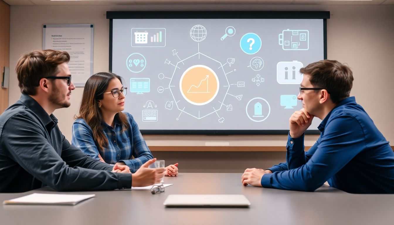 Depict a thoughtful discussion between educators and students about the use of AI in the classroom, with visuals of AI tools in the background.