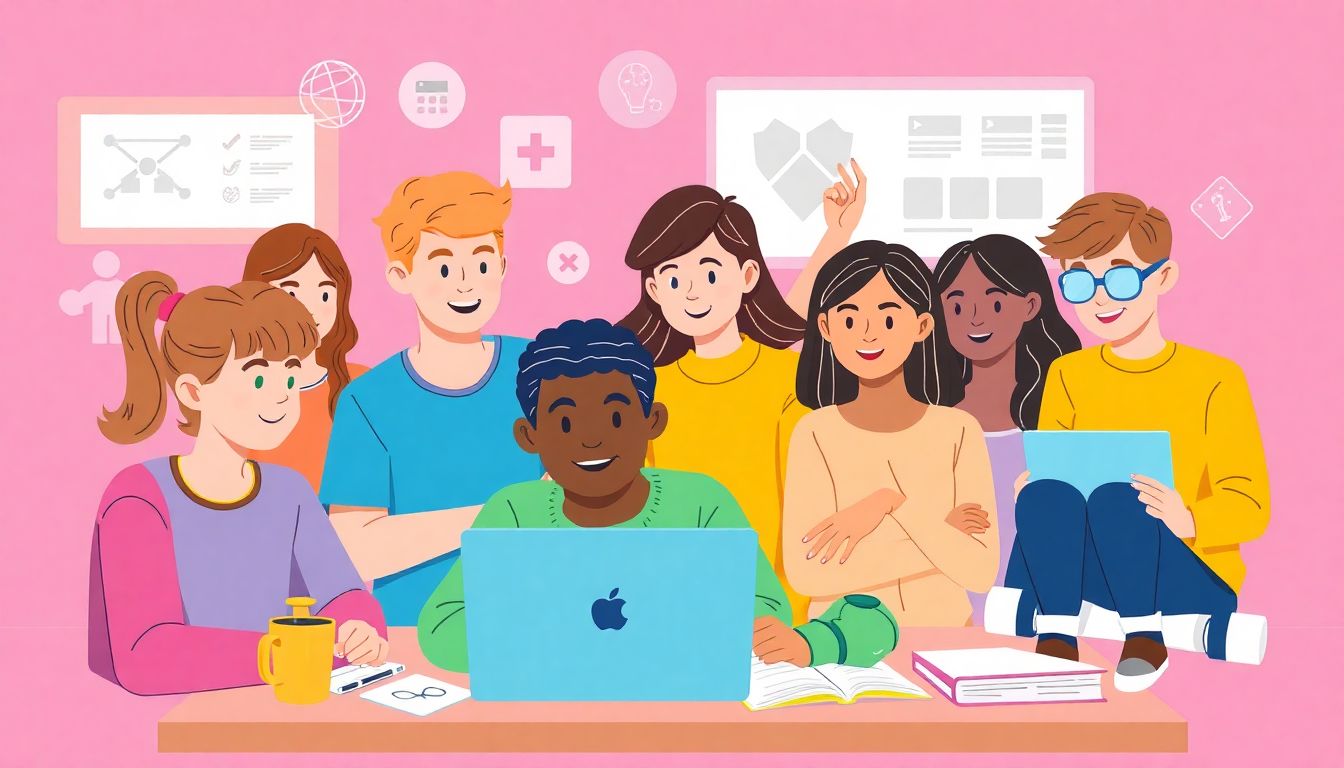 Illustrate a diverse group of students with different disabilities using various AI tools in a collaborative learning environment.