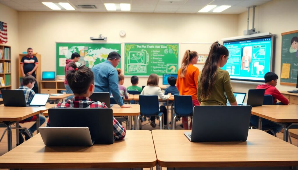 Generate an image of a classroom where students with disabilities are using various AI-powered tools such as tablets, laptops, and smartboards to assist in their learning. The atmosphere should be vibrant and inclusive, with teachers interacting with students and technology seamlessly integrated into the learning environment.