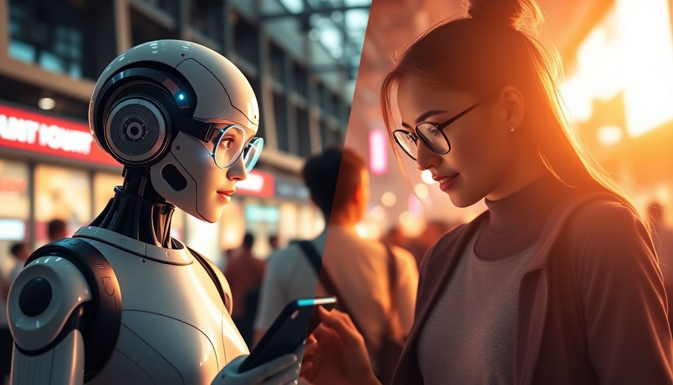 A futuristic marketplace with AI assistants analyzing and selling digital signals of intent, contrasted with a traditional attention economy with social media platforms and ads.