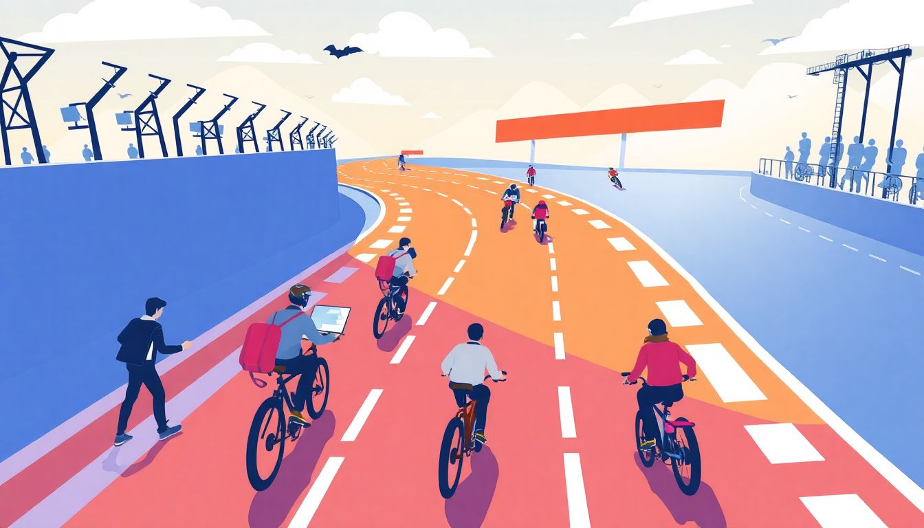 Illustrate a competitive race track with AI professionals and companies vying for the best talent and technology.