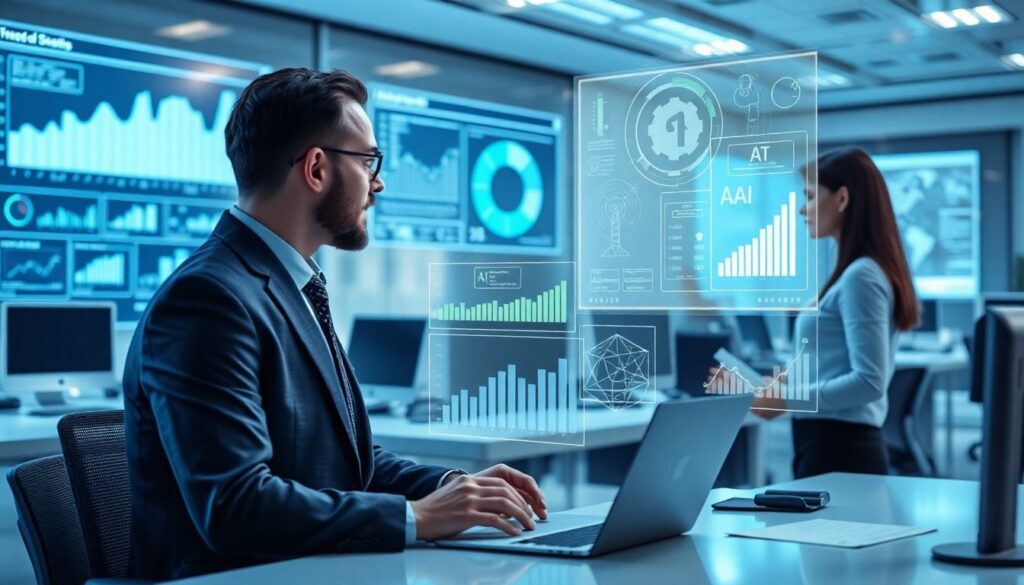 Generate an image of a futuristic workplace where AI and humans collaborate, with charts and graphs displayed on holographic screens, showcasing the integration of AI in various job roles.