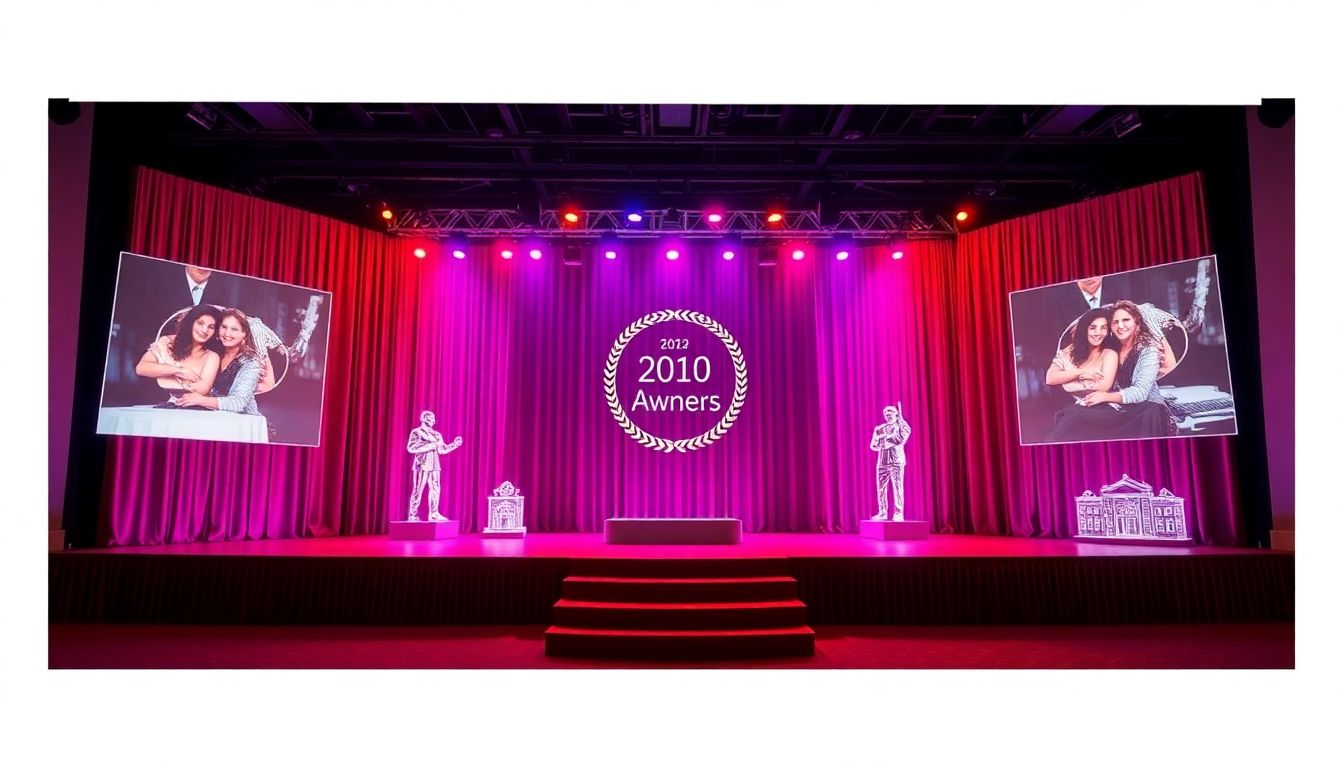 Create an image of a vibrant award ceremony stage with holographic representations of the award winners and their innovative projects.