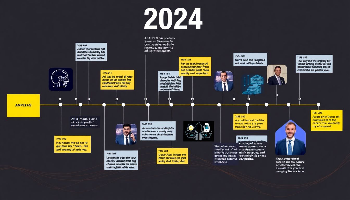 Generate an image depicting a timeline of significant tech events in 2024, with AI models, regulatory debates, and political figures featured prominently.
