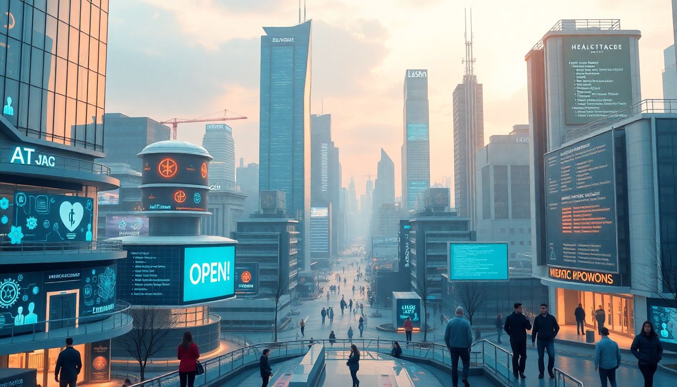 Generate an image of a futuristic cityscape with AI-driven healthcare facilities, open-source code displays, and people interacting on decentralized social networks.
