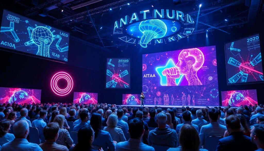 Create an image showcasing a futuristic award ceremony with holographic displays, AI-generated art, and a diverse audience celebrating technological achievements.