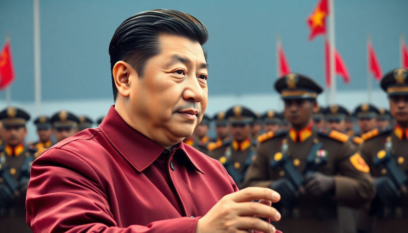Generate an image depicting Chinese leader Xi Jinping overseeing advanced AI military technologies, with the PLA in the background.