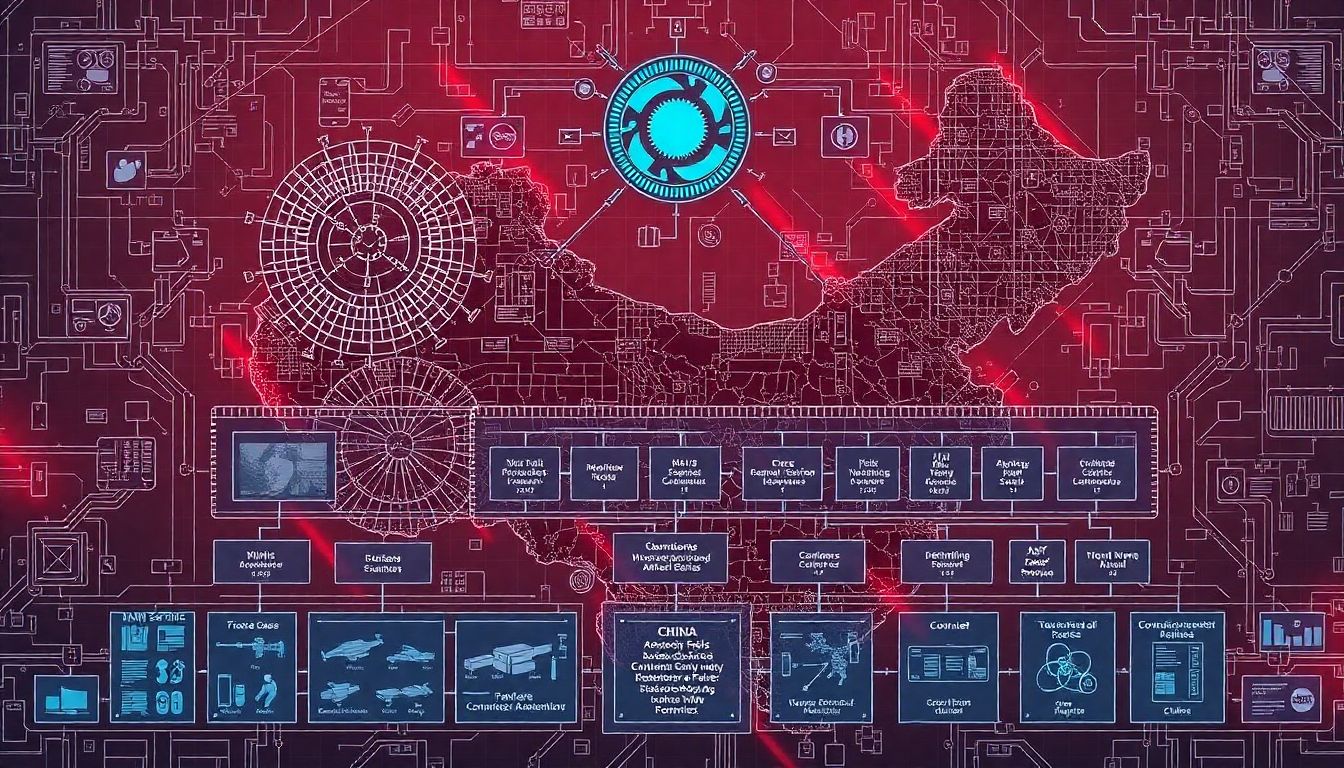 Create an image showing the technical and organizational challenges China faces, with AI systems and military command structures in the frame.