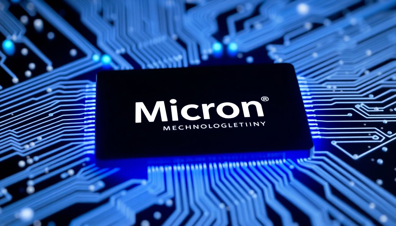 Create an image of advanced AI memory chips with Micron Technology's logo, showcasing their importance in AI applications.