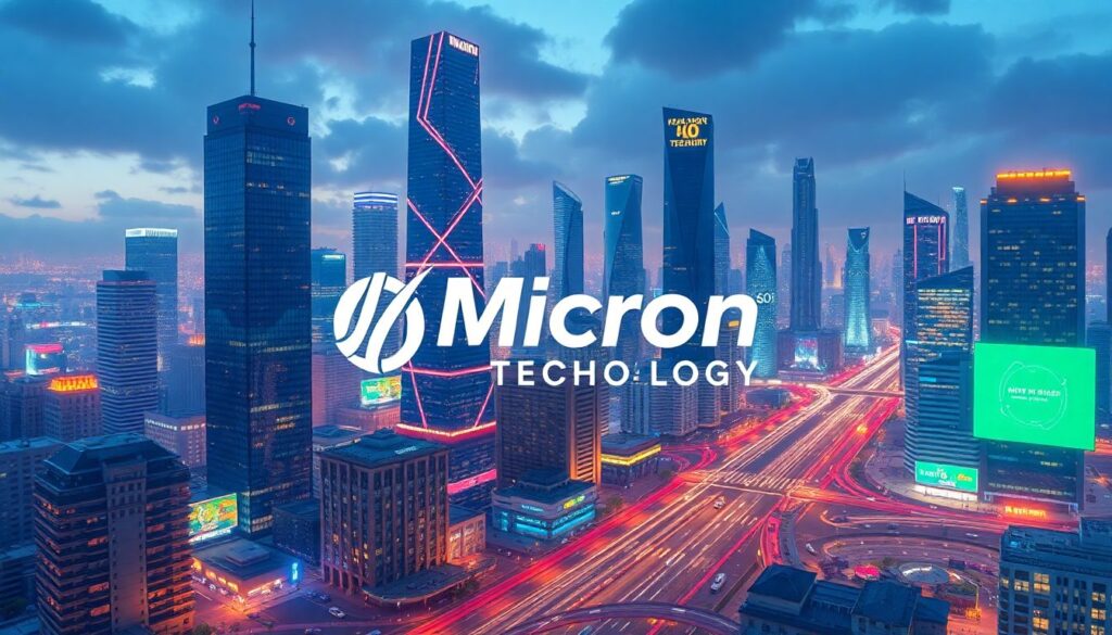 Create an image of a futuristic cityscape with AI-driven technologies integrated into everyday life, highlighting Micron Technology's logo prominently in the scene.