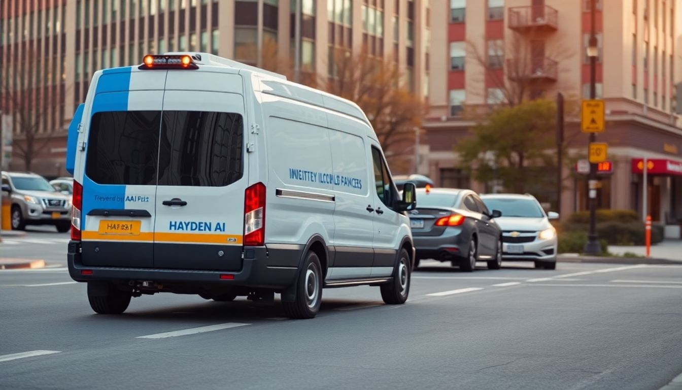 Generate an image of a Hayden AI van equipped with AI-enhanced cameras driving through a city street, identifying illegally parked vehicles.