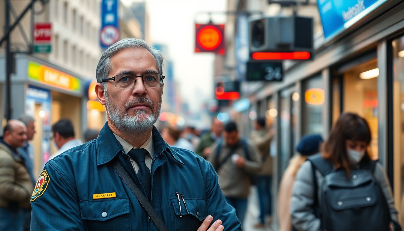 Create an image of a transit authority official discussing the benefits of AI-enhanced cameras in a bustling city environment.