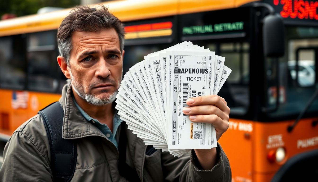 Generate an image of a concerned citizen holding a stack of erroneous parking tickets, with a city bus in the background.