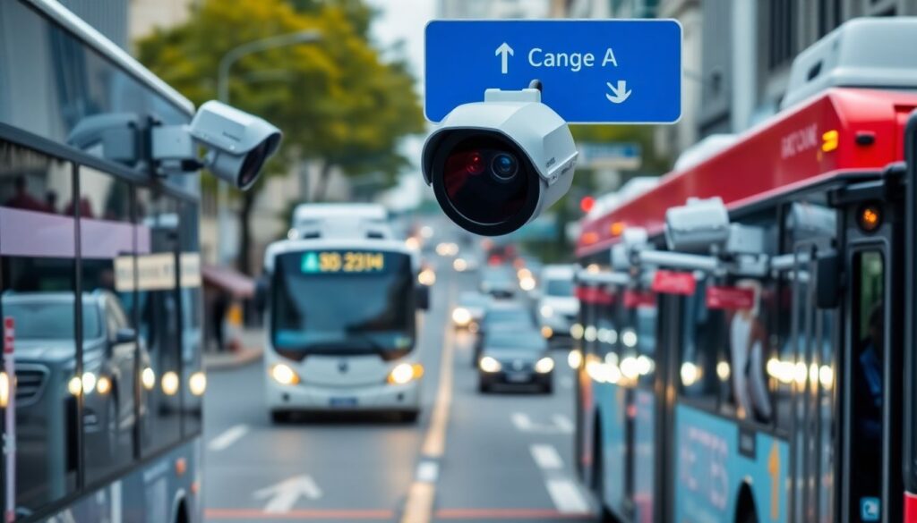 Create an image of a bustling city street with buses and AI-enhanced cameras mounted on them, capturing drivers illegally parked in bus lanes.