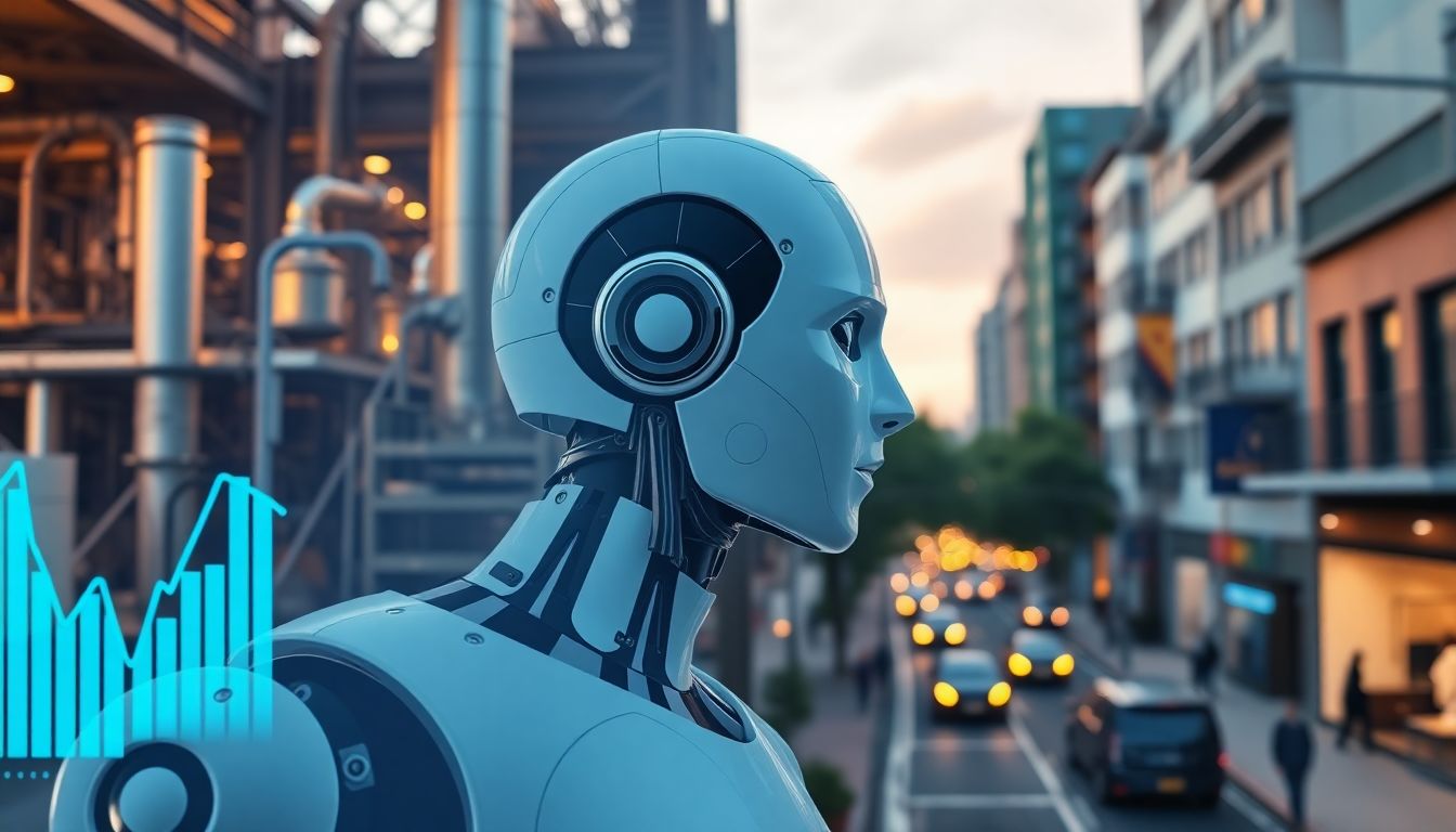 The Great Robot Migration A robot transitioning from a factory setting to a bustling city street, with charts and graphs showing investment growth in the background.