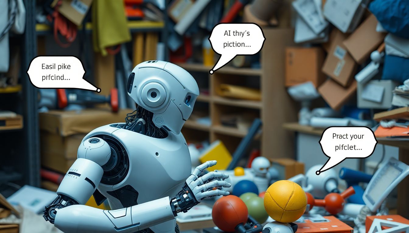 Navigating the Human World A robot attempting to pick up various objects in a cluttered environment, with thought bubbles showing its AI-powered decision-making process.