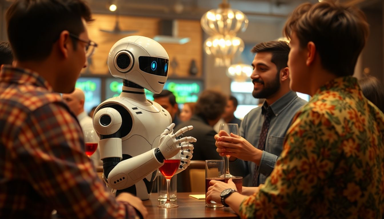 Conversational Robots: The Next Frontier A robot engaging in a lively conversation with a group of humans in a social setting, such as a party or a restaurant.