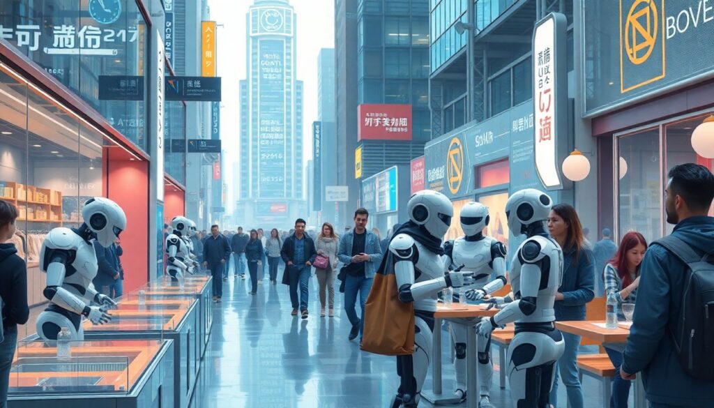 AI Robots Are Entering the Public World—With Mixed Results A futuristic cityscape with robots interacting with humans in various public settings, such as retail stores, museums, and restaurants. The robots are performing tasks like cleaning, cooking, and conversing, while humans observe with a mix of curiosity and caution.